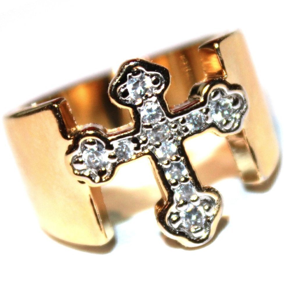 Divine Christian Open Band Cz Clear Yellow Gold Plated Cross Goldtone Brass Ring